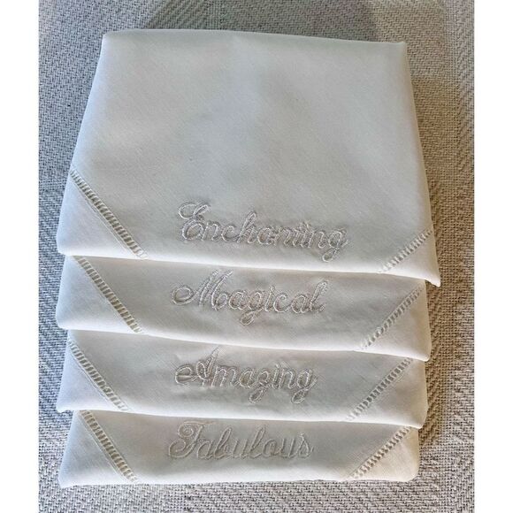 Set of 4 Linen Hemstitched Embroidered Hand Towels/Napkins - Picture 1 of 4